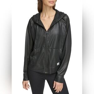DKNY Sport Women's Chintz Honeycomb Mesh Full-Zip Hoodie Black Size L NWT